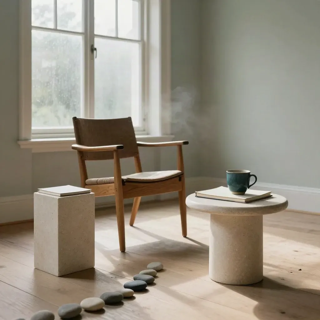 Coachingstudio in herenhuis met eiken stoel, kalkstenen tafel, notebook, beker en mistig ochtendlicht.