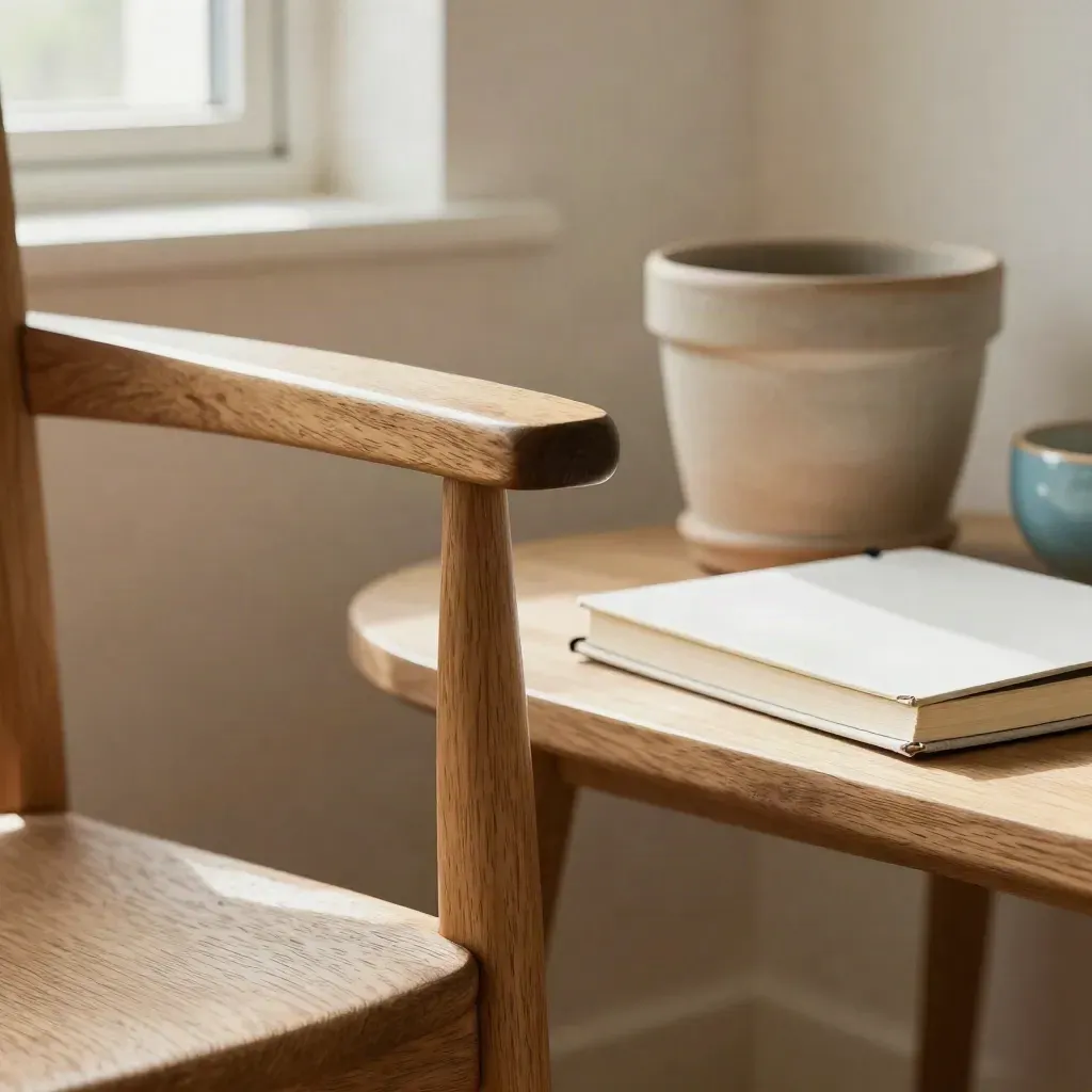 Macro van een stille loopbaancoachinghoek met eiken stoelen, gesloten notebook en plant in aardewerken pot.