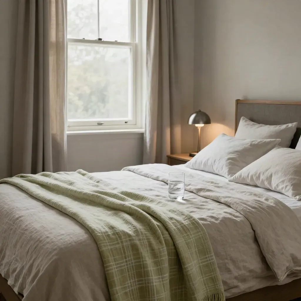 Rustige herstelkamer met opgemaakt bed, plaid, waterglas en open raam in zacht daglicht.