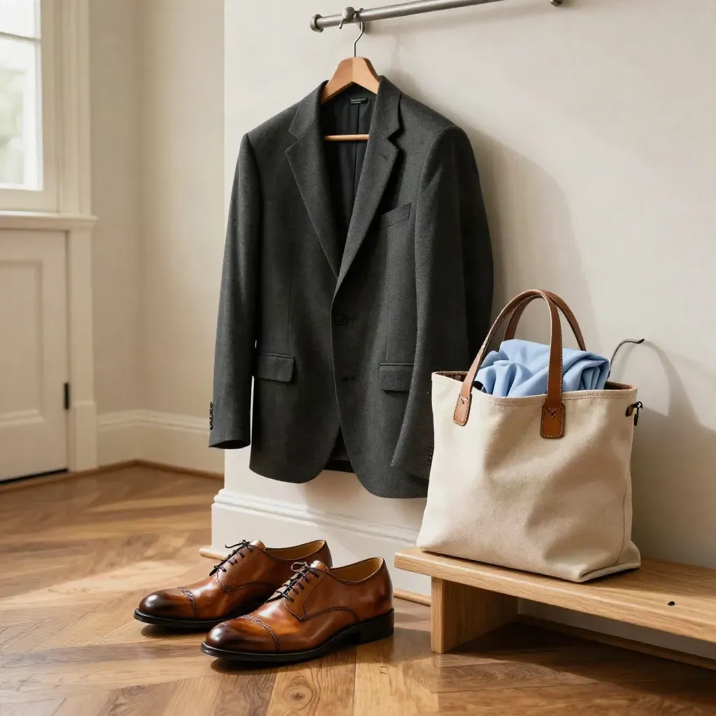 Bij de kapstok staat een nette overstapset klaar met schoenen, blazer en canvas tas.