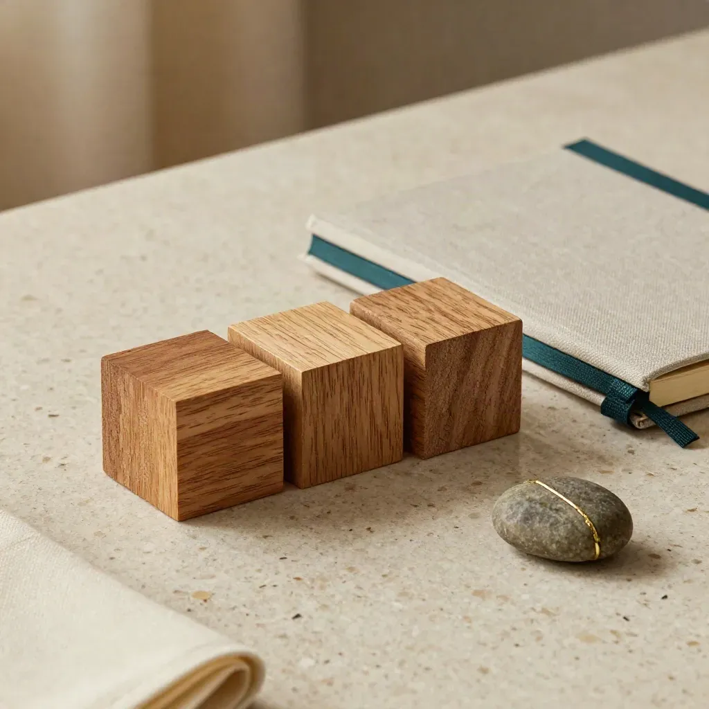 Houten blokken, gesloten notebook en steen op een lichte travertinentafel, van boven gefotografeerd.