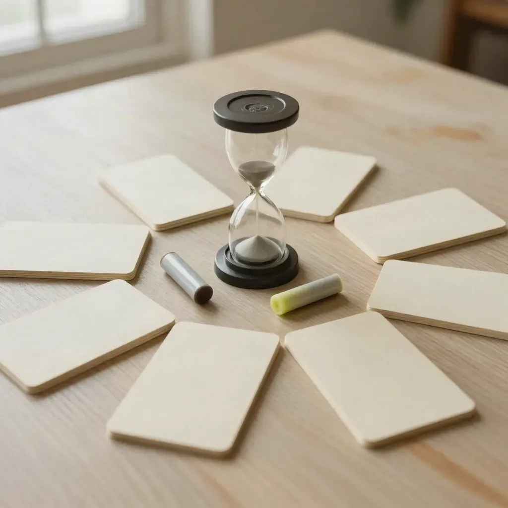 Bovenaanzicht van zes blanco kaartjes in kring met zandloper en markercaps op lichte houten tafel.