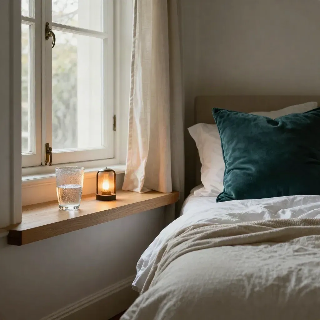 Rustige slaapkamerhoek met open raam, lampje, waterglas en diep teal accent.
