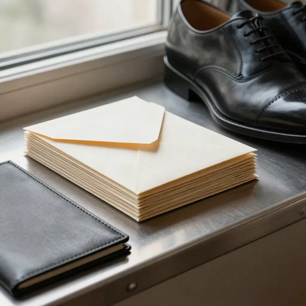 Sobere sollicitatiehoek met enveloppen, gepoetste schoenen en een gesloten map op een metalen plank.