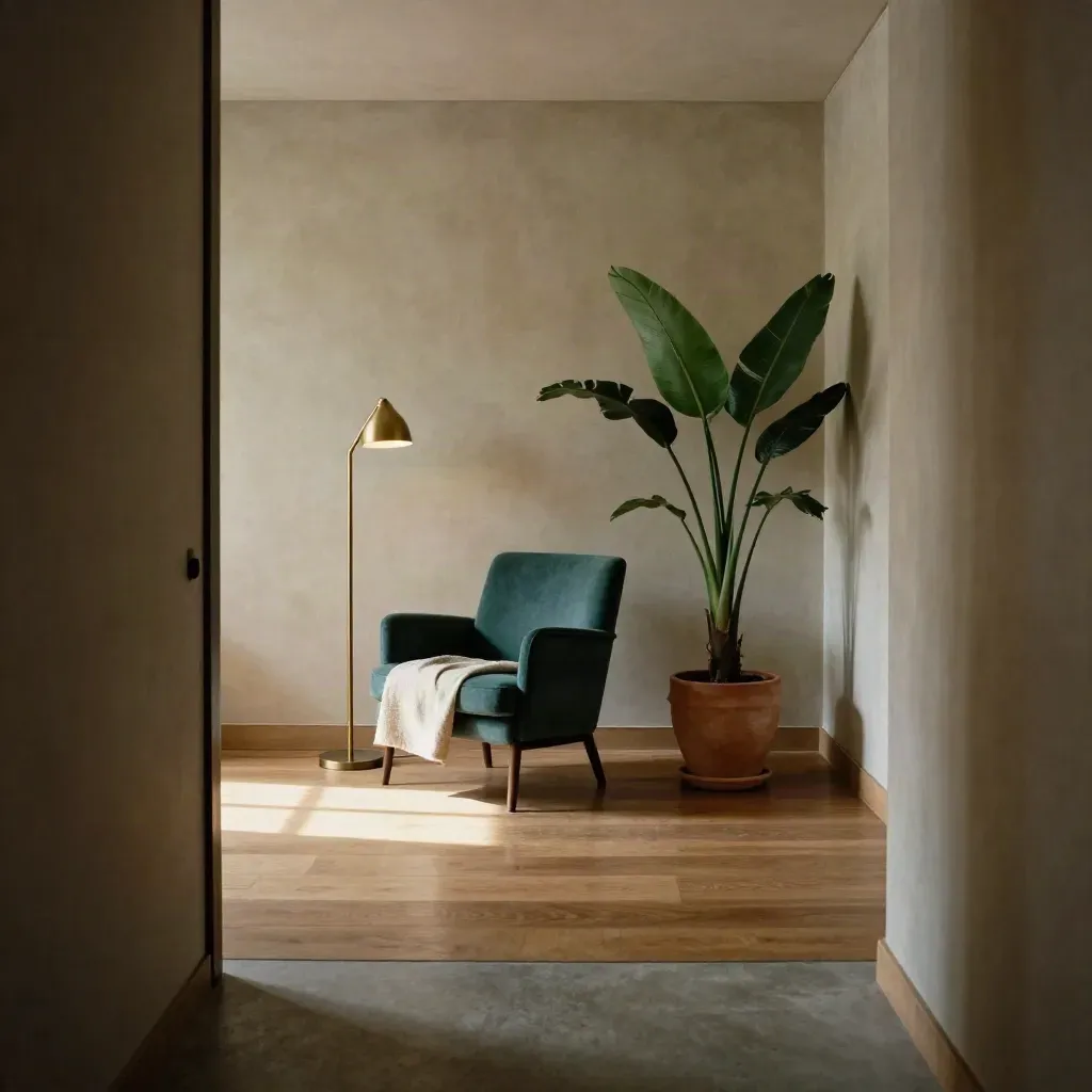 Minimalistische kantoorhoek met stoel, lamp, plant en veel open ruimte.