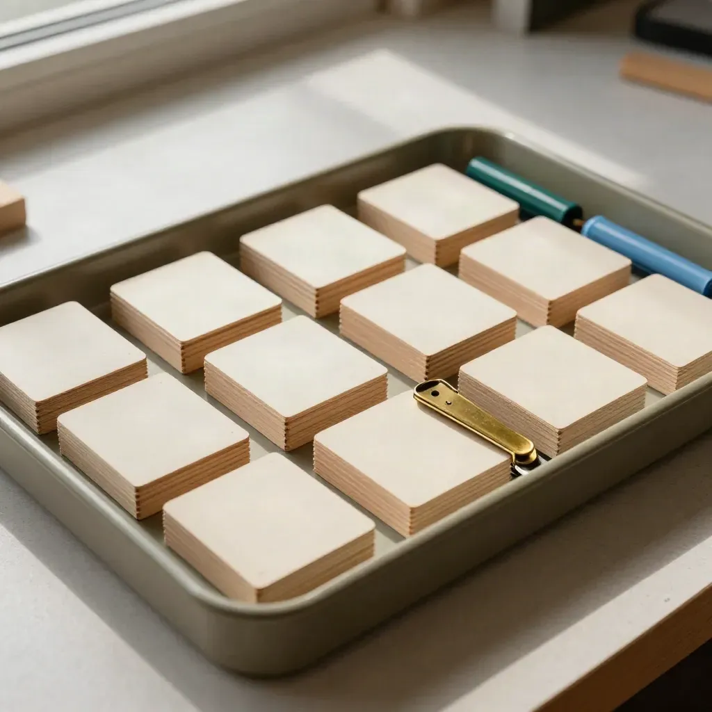 Houten blokken, kaartjes, markercaps en een messing clip in een ondiepe tray.
