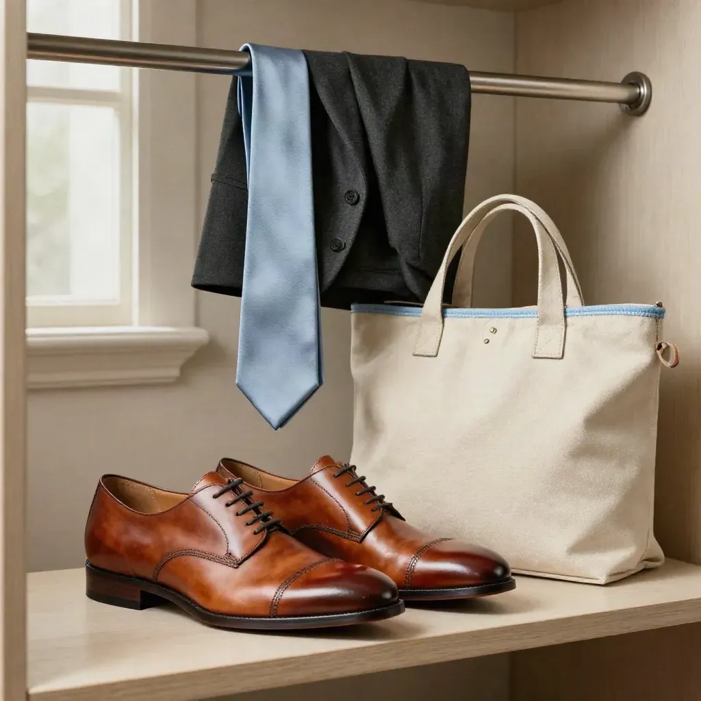 Gepolijste schoenen, blazer, das en tote op een bankje in warm licht.