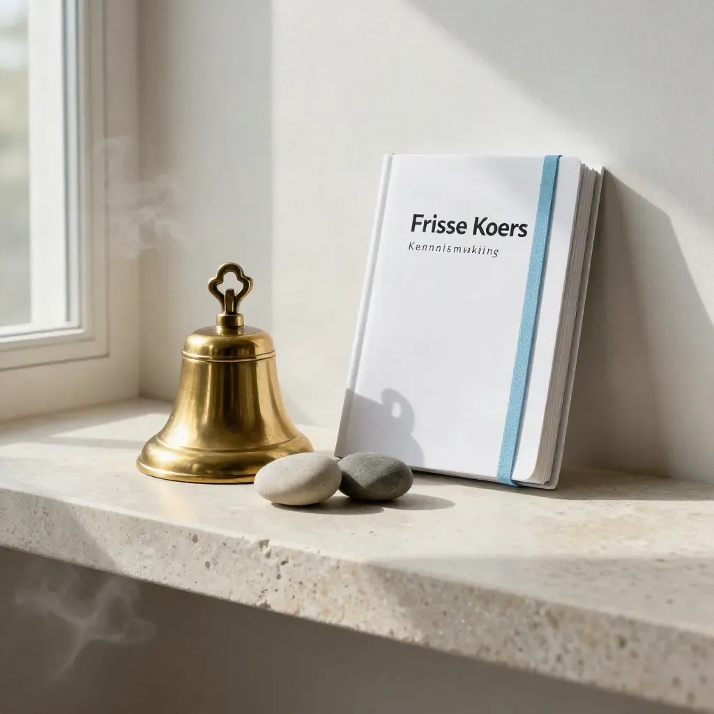 Messing bel, twee stenen en een gesloten notitieboek op kalksteen in zacht zijlicht.