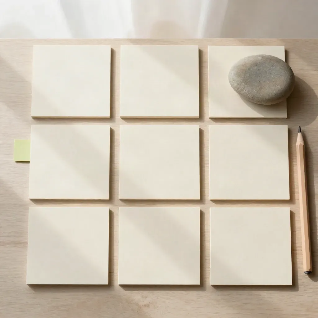 Bovenaanzicht van blanco kaartjes met steen en wegdraaiend potlood op licht hout voor een helder plan.