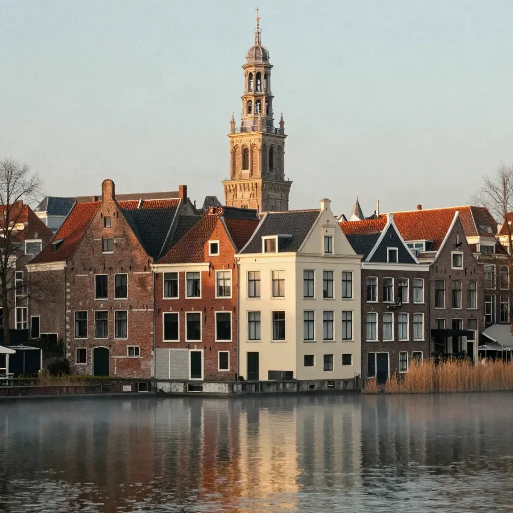 Domtoren boven stille Utrechtse grachten, warm licht en optrekkende mist boven het water.
