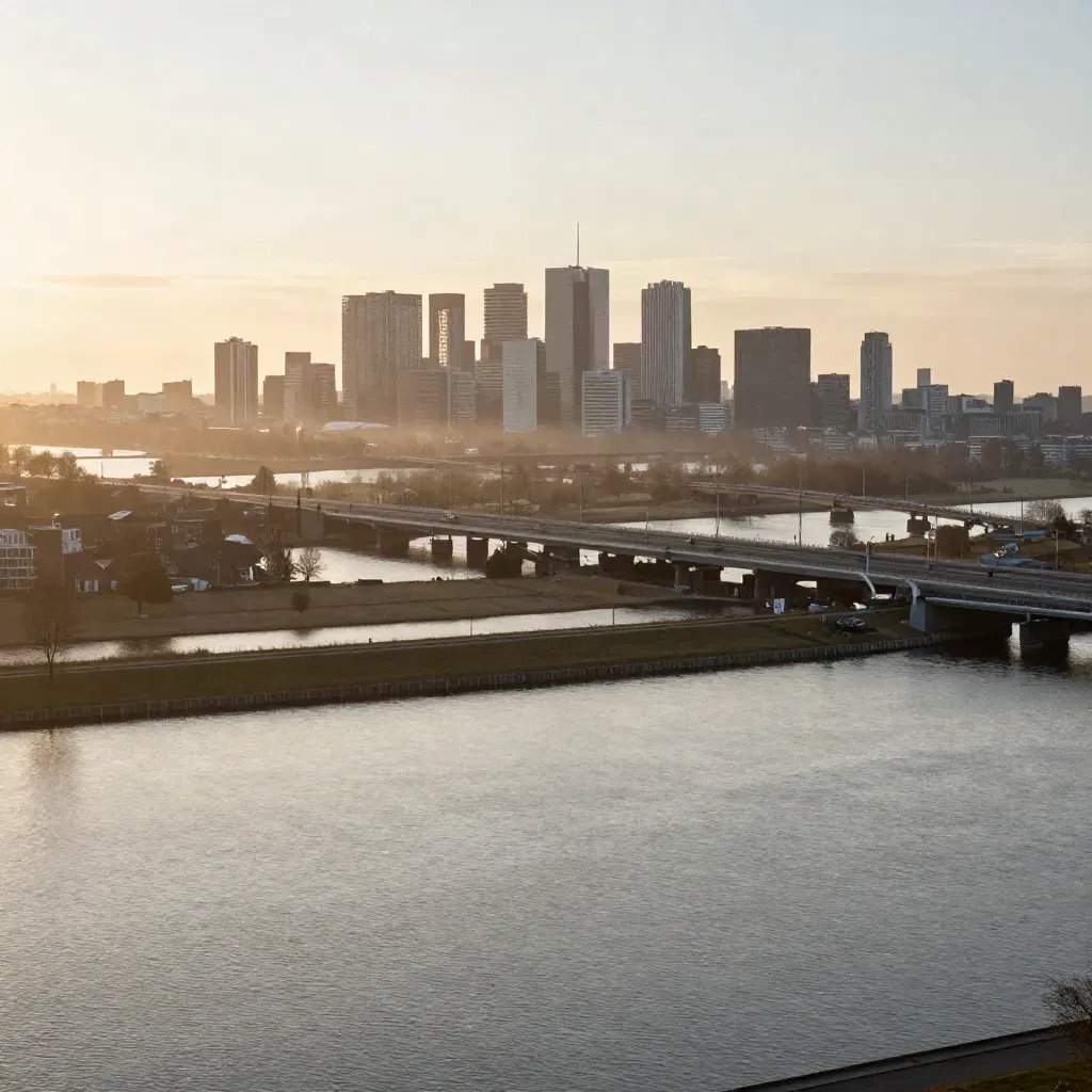 Randstad in gouden avondnevel met bruggen, water en hoge skyline voor tekstvlak.