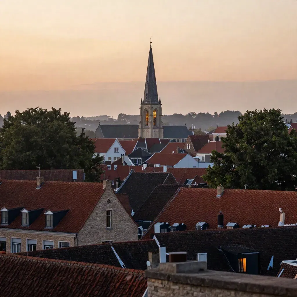 Brabantse rode daken, kerktoren en bomen in zachte avondnevel met ruimte voor koptekst