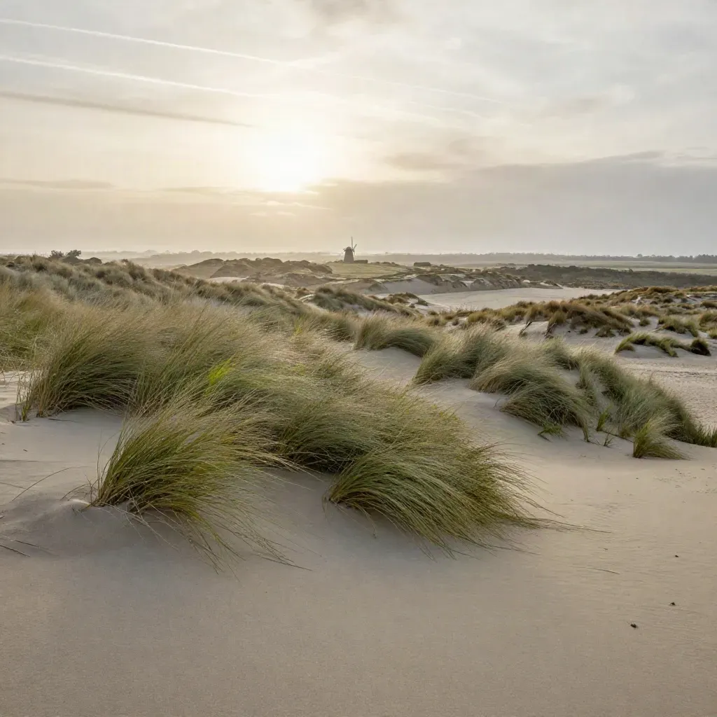 Duinrug in Noord-Holland met helmgras, mist en een verre molen boven de polder.
